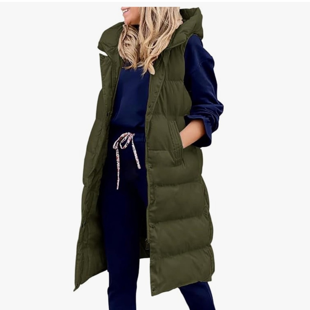 Olive Green Long Puffer Vest w/ Hood